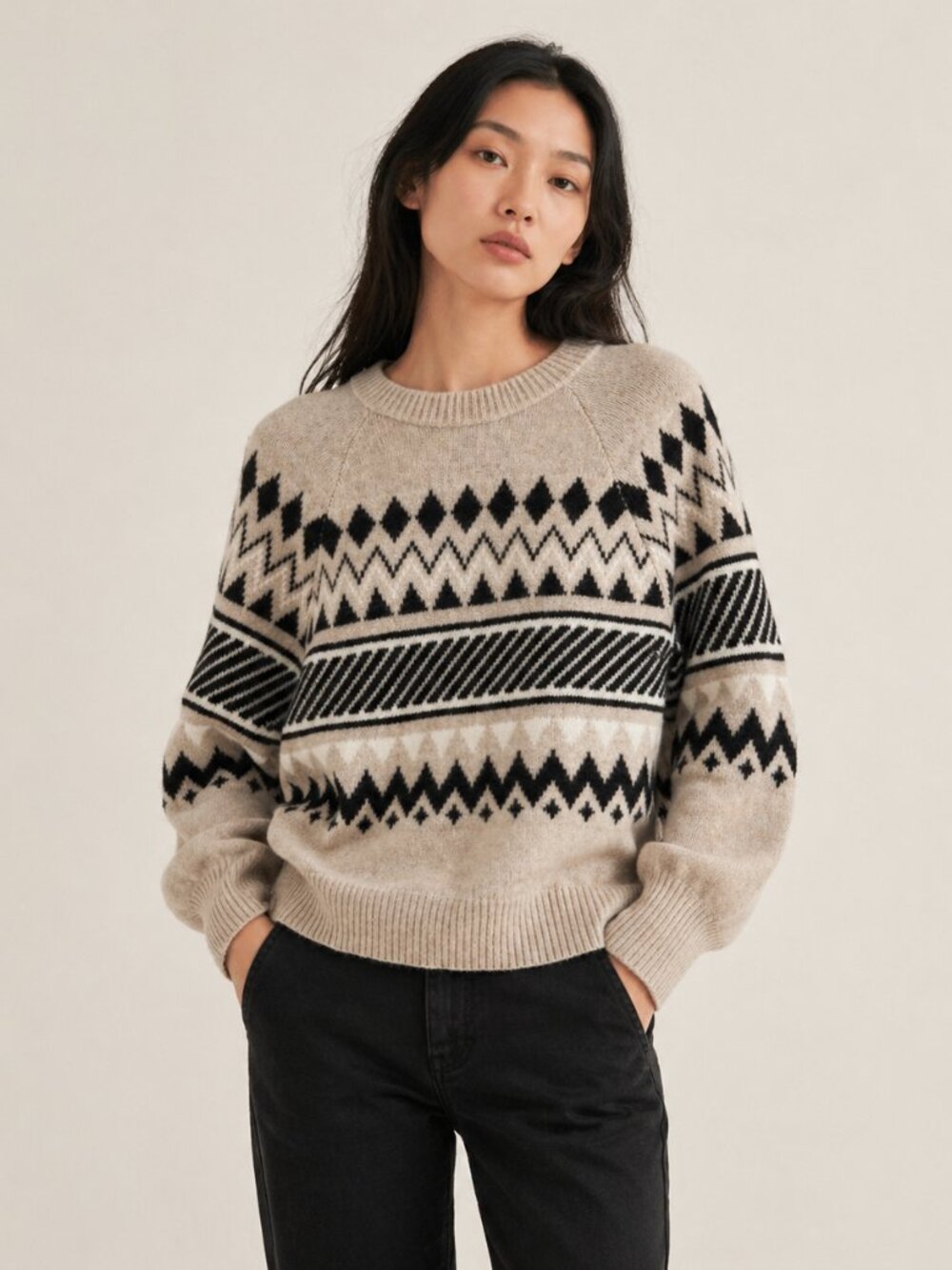 360 Cashmere Lily Sweater Large Sesame Chalk Black Fair Isle Cashmere